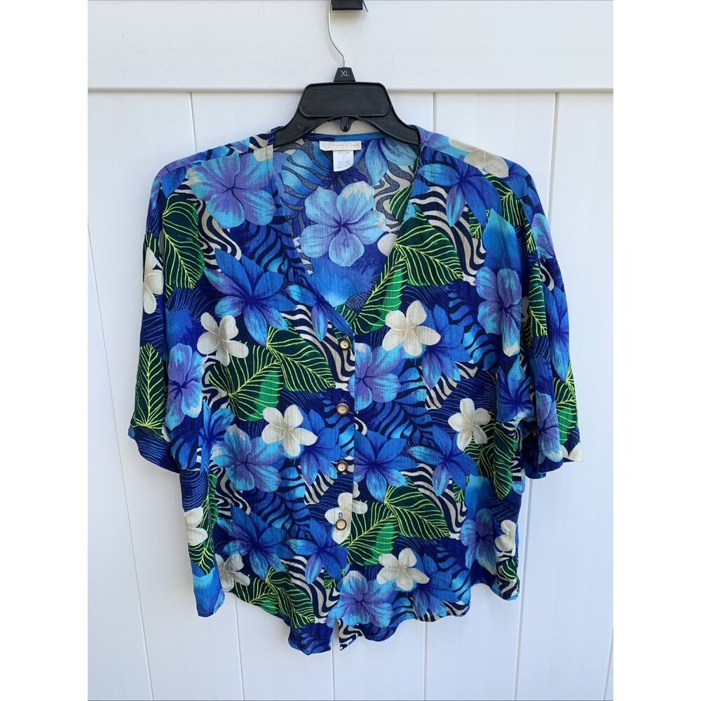 Elizabeth Stewart Womens Blouse Floral Button Up Short Sleeve Sz Large Vtg